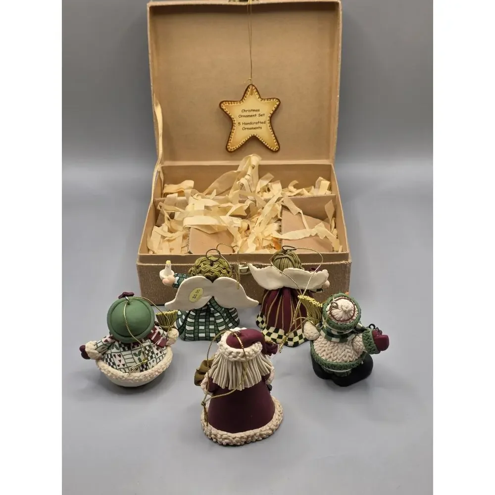 Vintage Christmas Ornament Lot Resin Santa Angels Snowman Handmade Box